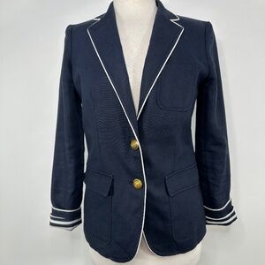 J.Crew Blazer Women's Sz 2 Navy Linen Piped Tipped Gold Buttons Striped Lining